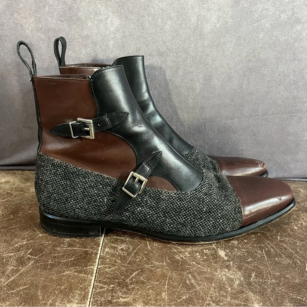 Que Sheebly Octavian Boots Mens Sz 11 Brown Gray Leather Double Monk Strap Shoes